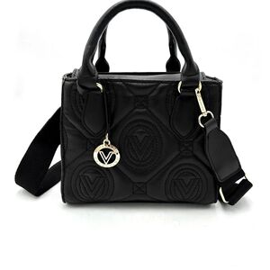 Valentino Orlandi Black Quilted Satchel with Gold Logo Charm and Strap